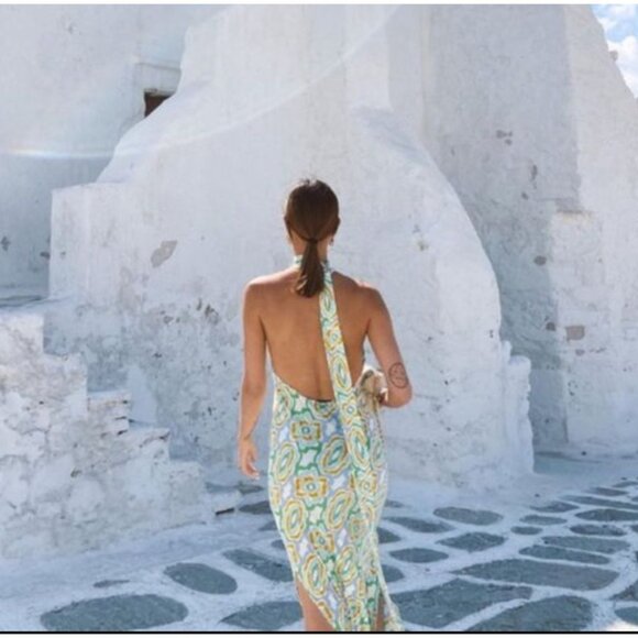 NWT ZARA Geometric Print Halter Maxi Dress Open Back Retro Green Yellow Small - Picture 6 of 16